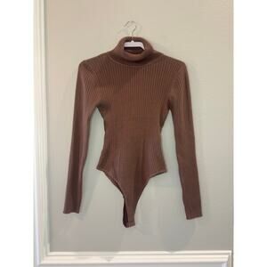 Love Tree Ribbed Mocha Brown Turtleneck Bodysuit Sz L Stretch Knit Snap Closure